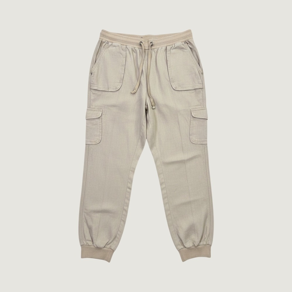 100% Linen Cargo Joggers INC Beige Elastic Drawstring‎ Zipper Cuff Rhinestones